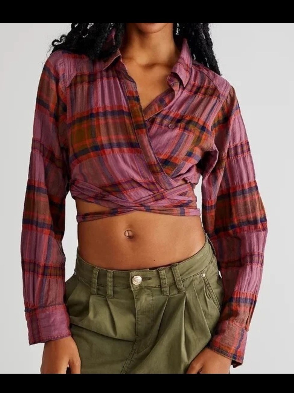 FREE PEOPLE We The Free Smokey Wings Plaid Wrap Crop Top L